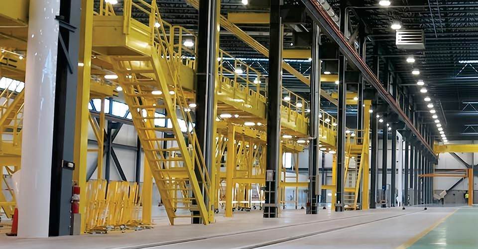 Industrial high bay lighting in a warehouse